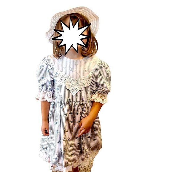 Vintage 90s Girls White Blue Floral Striped Bib Collar Party Dress w Hat Sz 5 - Picture 5 of 14